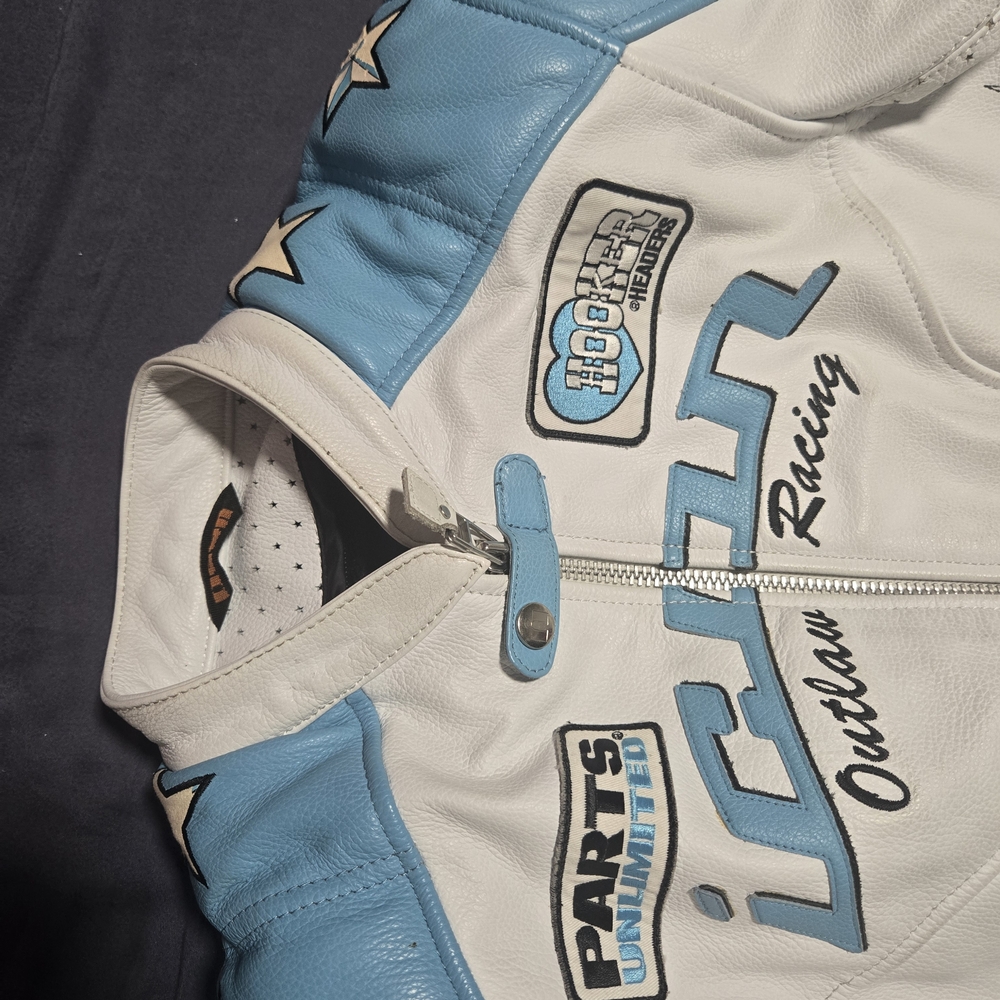 White and Blue Racing Leather Jacket - Picture 2 of 10